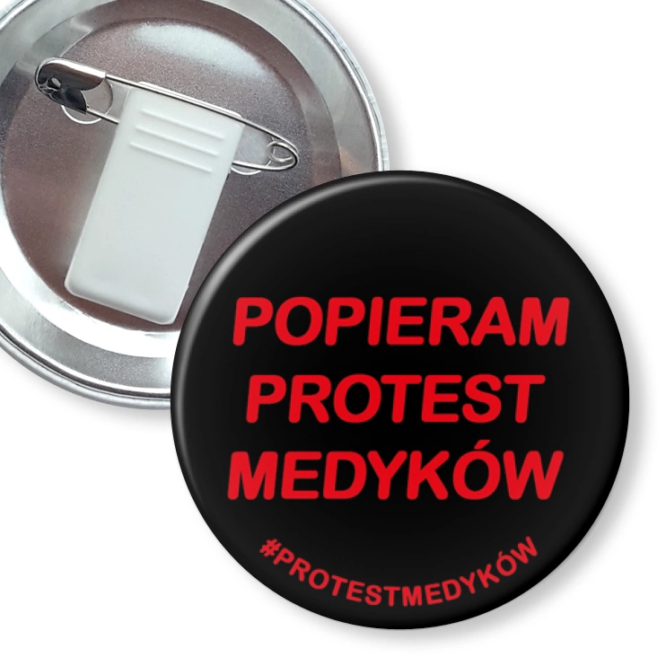 przypinka z żabką i agrafką Popieram protest medyków