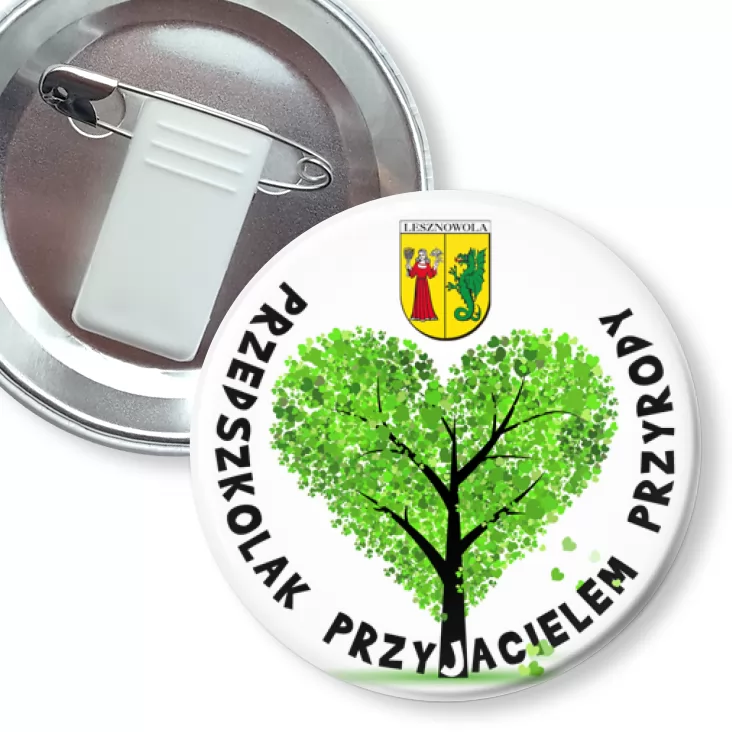 przypinka z żabką i agrafką Przedszkolak Przyjacielem Przyrody