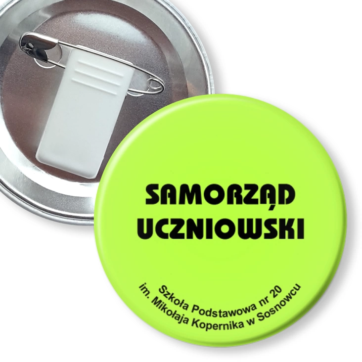 przypinka z żabką i agrafką SAMORZĄD UCZNIOWSKI