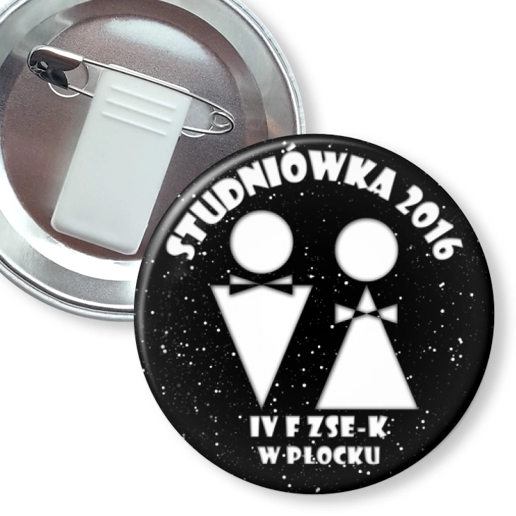 przypinka z żabką i agrafką Studniówka - IV F ZSE-K w Płocku