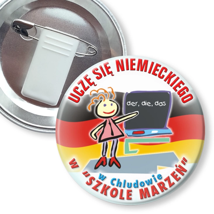 przypinka z żabką i agrafką Szkoła Marzeń w Chludowie