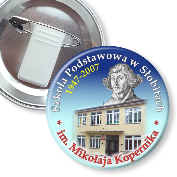 przypinka z żabką i agrafką Szkoła Podstawowa w Słobitach
