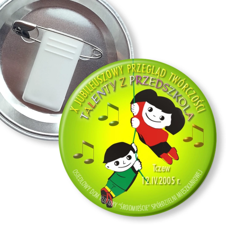 przypinka z żabką i agrafką Talenty z Przedszkola- Tczew 2005