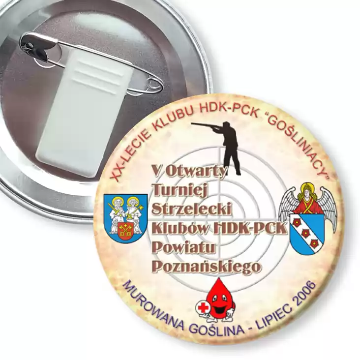przypinka z żabką i agrafką V Otwarty Turniej Strzelecki Klubów HDK-PCK Powiatu Poznańskiego
