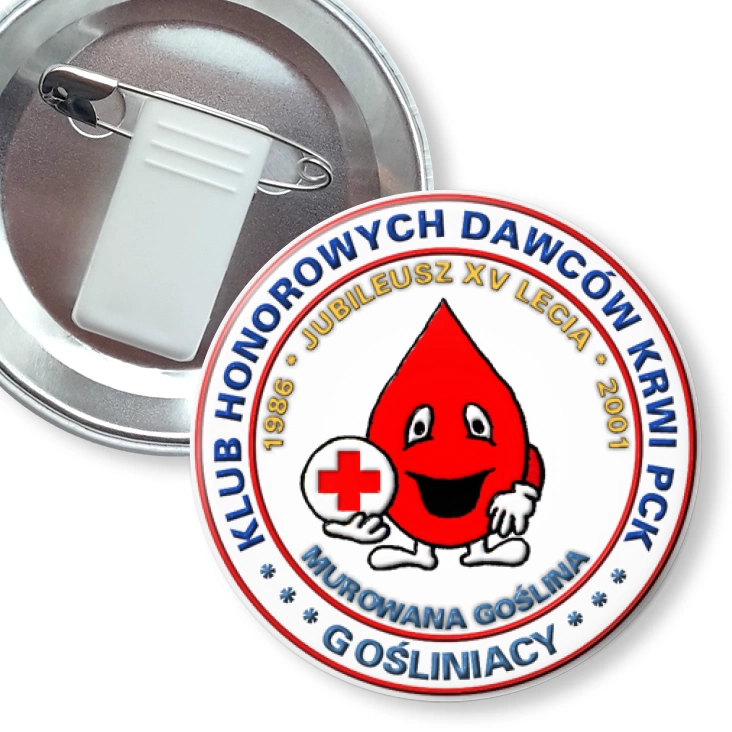 przypinka z żabką i agrafką XV-lecie Klubu Honorowych Dawców Krwi