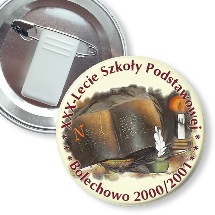 przypinka z żabką i agrafką XXX-lecie Szkoły Podstawowej - Bolechowo 2000/2001