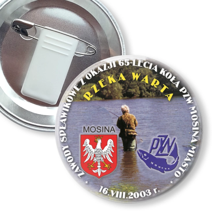 przypinka z żabką i agrafką Zawody Spławikowe z Okazji 65-lecia Koła PZW Mosina Miasto