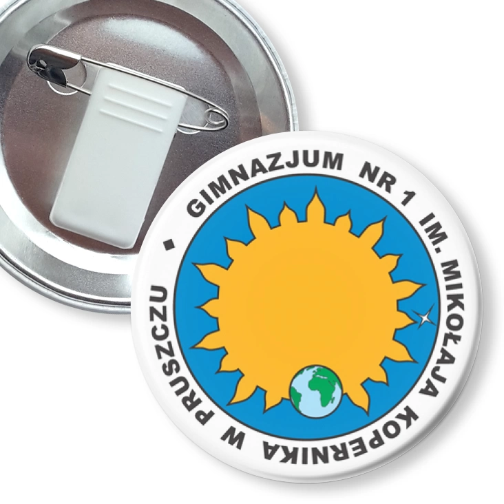 przypinka z żabką i agrafką Gimnazjum nr 1 w Pruszczu