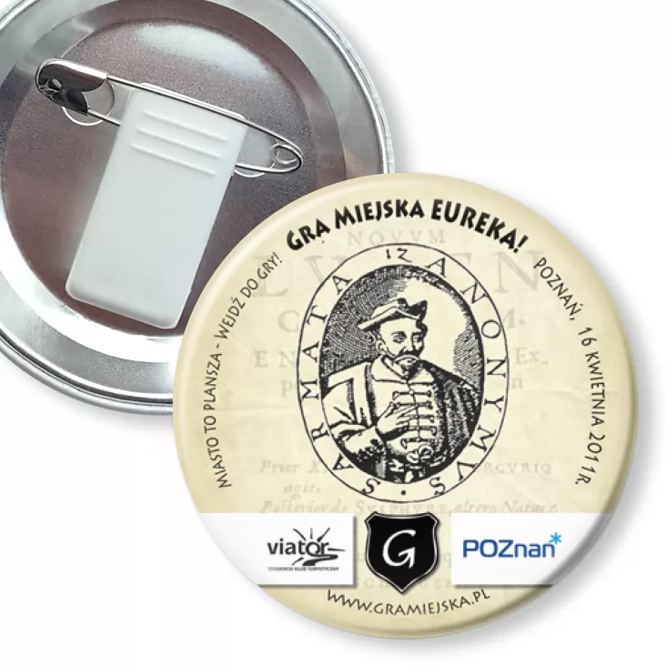 przypinka z żabką i agrafką Gra Miejska - Eureka!