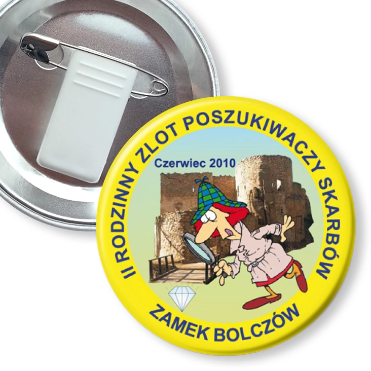 przypinka z żabką i agrafką II Rodzinny Zlot Poszukiwaczy Skarbów