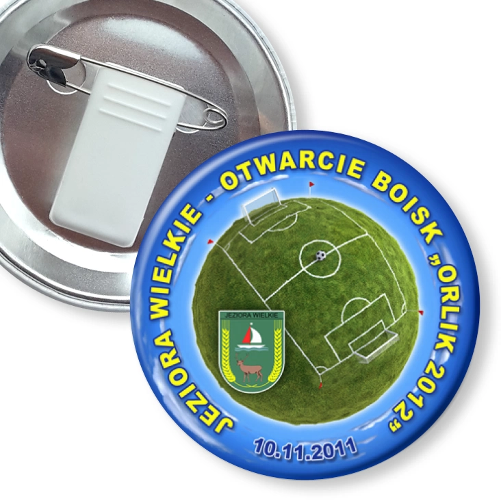 przypinka z żabką i agrafką Jeziora Wielkie - Otwarcie boisk Orlik 2012