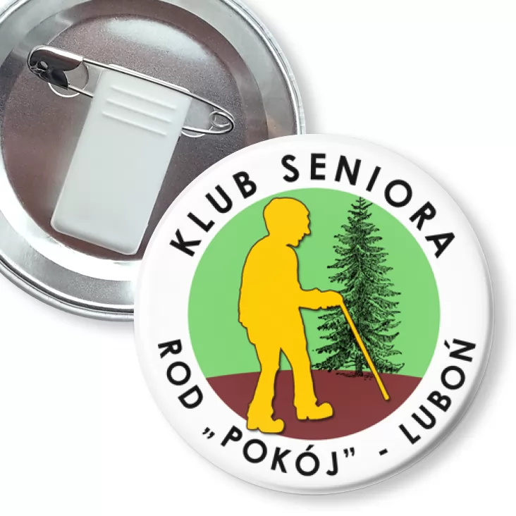 przypinka z żabką i agrafką Klub Seniora Luboń