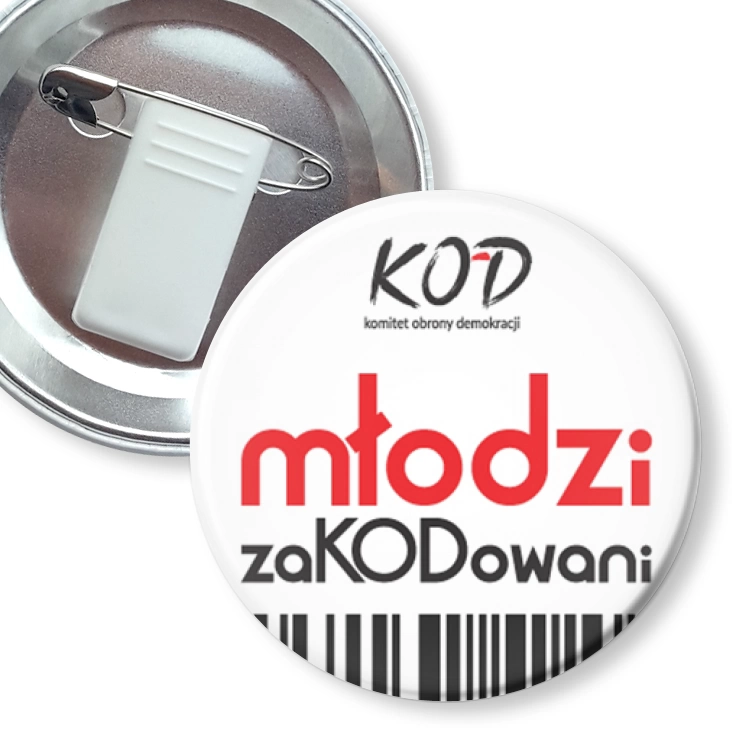 przypinka z żabką i agrafką KOD Młodzi zaKODowani