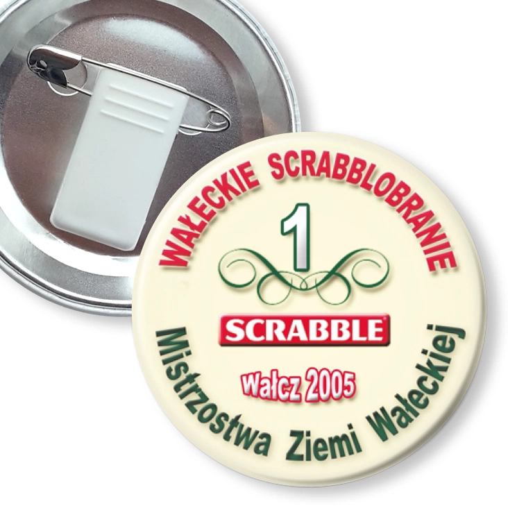 przypinka z żabką i agrafką Mistrzostwa Ziemi Wałeckiej - Scrabble 2005