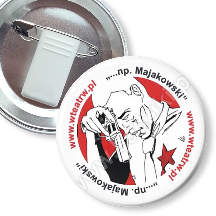 przypinka z żabką i agrafką np. Majakowski