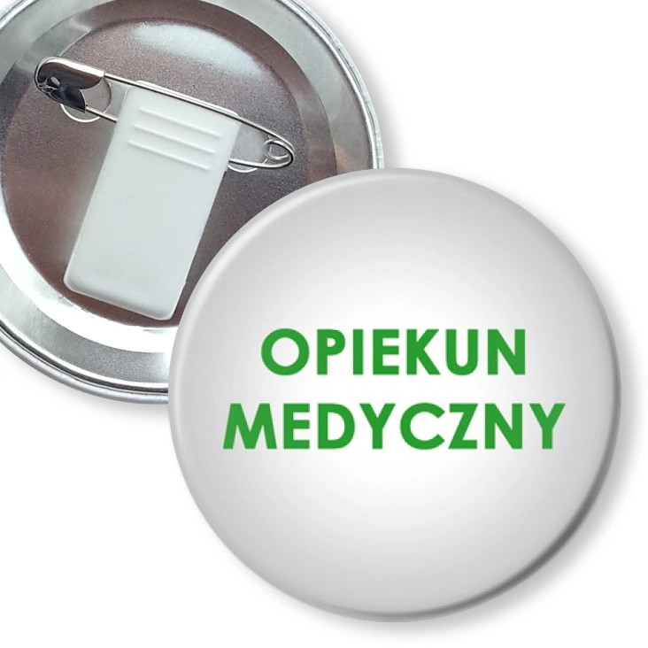 przypinka z żabką i agrafką Opiekun medyczny na szarym tle