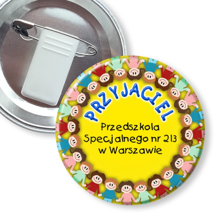 przypinka z żabką i agrafką Przedszkole nr 213 w Warszawie