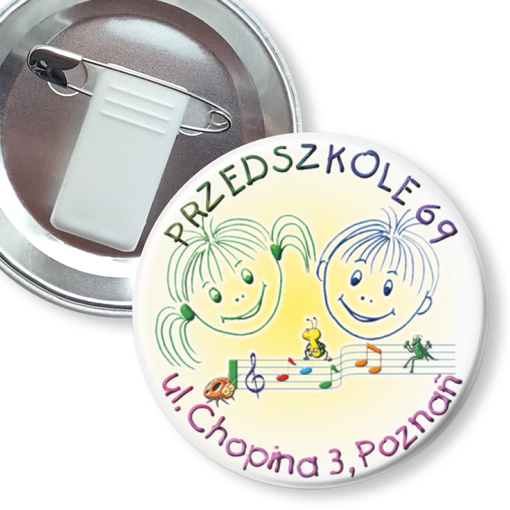 przypinka z żabką i agrafką Przedszkole nr 69