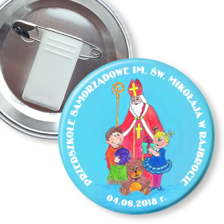 przypinka z żabką i agrafką Przedszkole w Rajbrocie