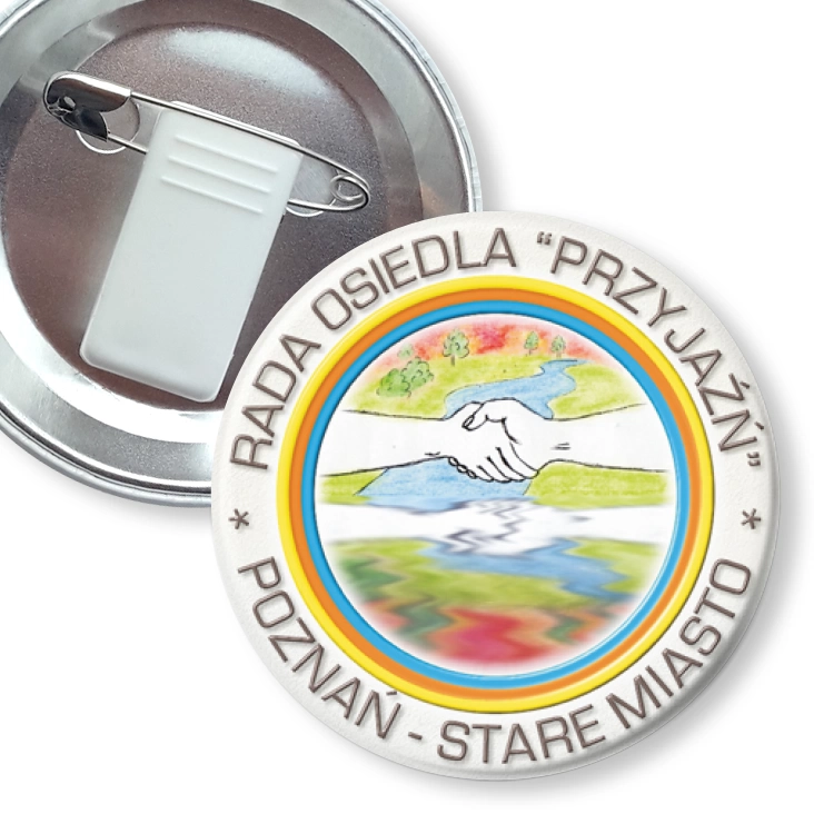 przypinka z żabką i agrafką Rada Osiedla Przyjaźń