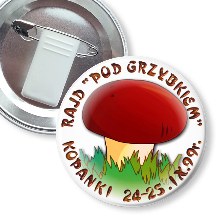 przypinka z żabką i agrafką Rajd Pod grzybkiem