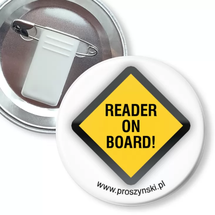 przypinka z żabką i agrafką Reader on board