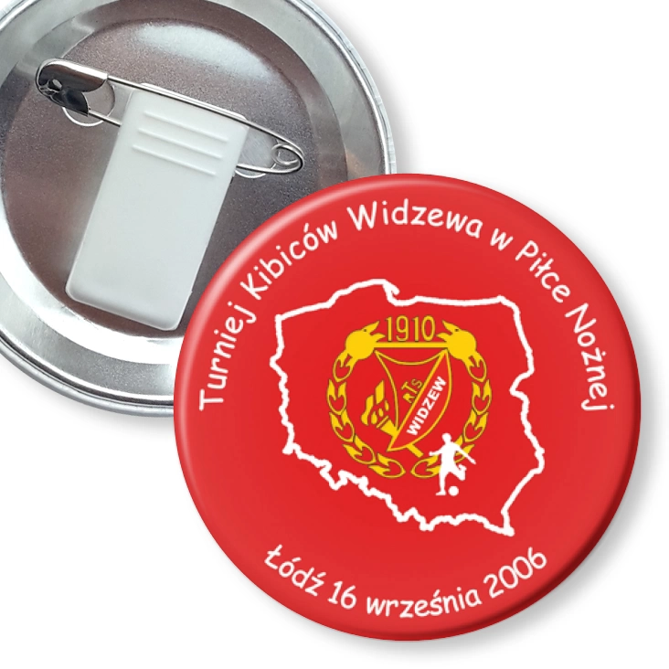 przypinka z żabką i agrafką Turniej Kibiców Widzewa w Piłce Nożnej