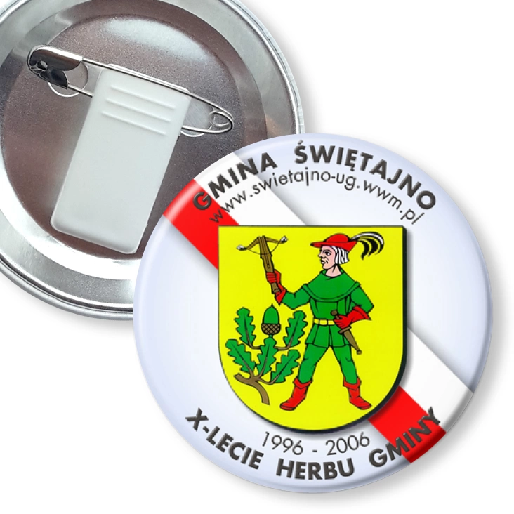 przypinka z żabką i agrafką X-lecie Herbu Gminy Świętajno