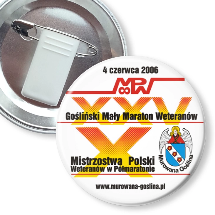 przypinka z żabką i agrafką X Mistrzostwa Polski w Półmaratonie Weteranów