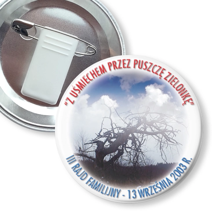 przypinka z żabką i agrafką Z uśmiechem przez Puszczę Zielonkę