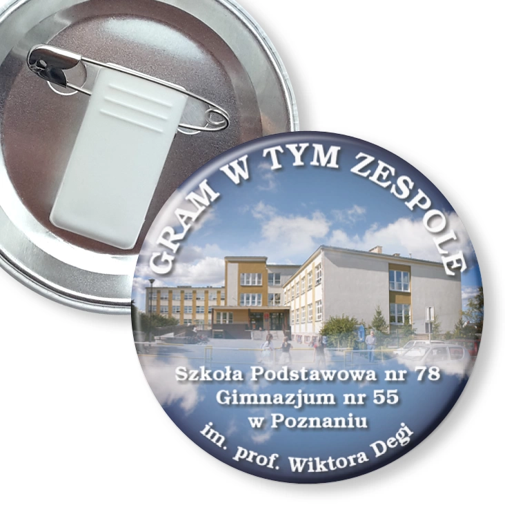 przypinka z żabką i agrafką Gram w tym zespole - SP nr 78