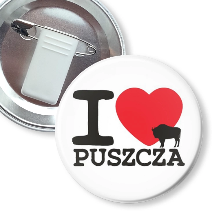 przypinka z żabką i agrafką I love Puszcza