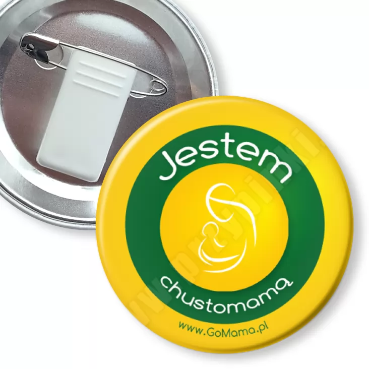 przypinka z żabką i agrafką Jestem chustomama