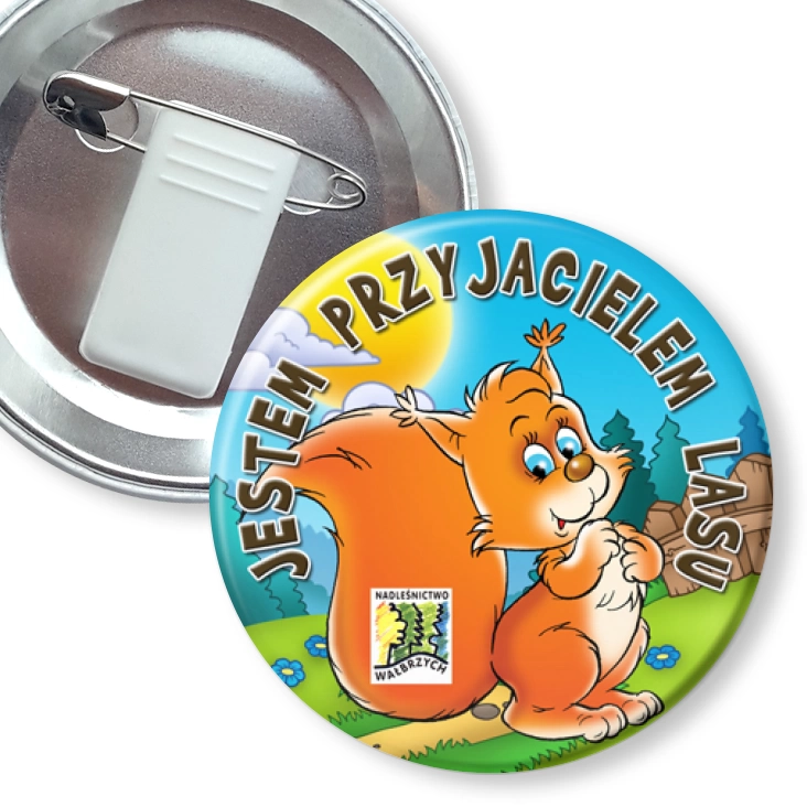 przypinka z żabką i agrafką Jestem Przyjacielem Lasu
