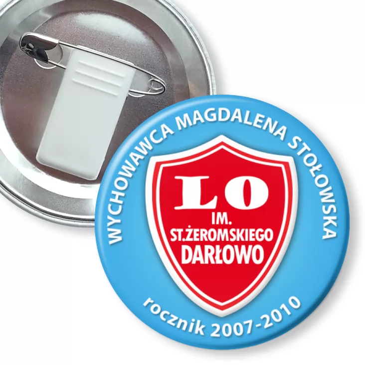przypinka z żabką i agrafką LO w Darłowie