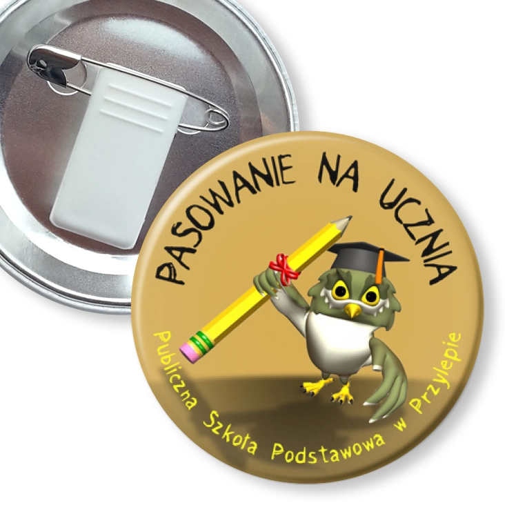 przypinka z żabką i agrafką Pasowanie na ucznia - SP w Przylepie
