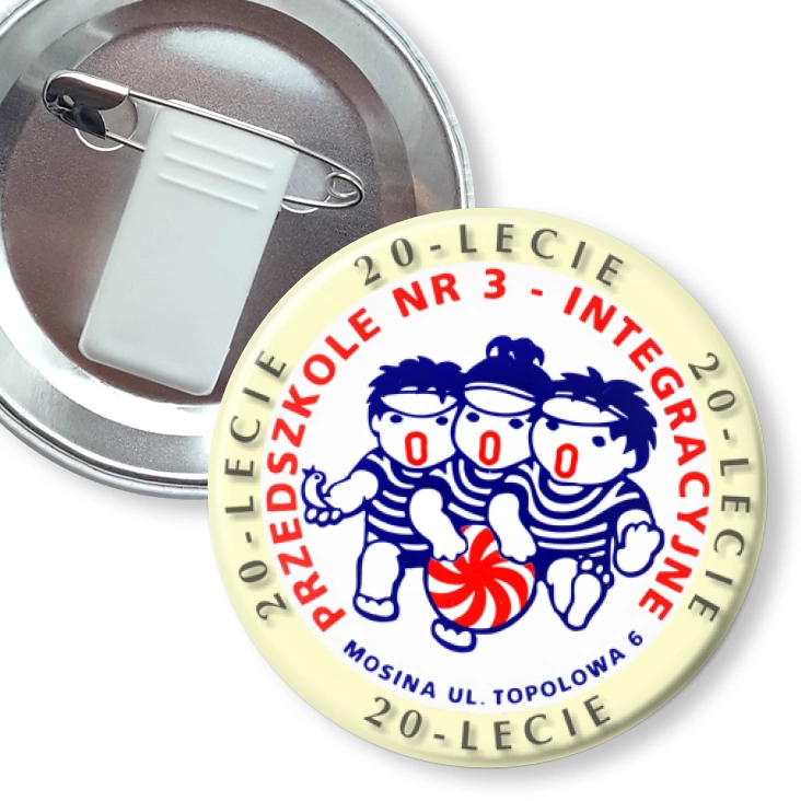 przypinka z żabką i agrafką 20-lecie Przedszkola nr 3 - Integracyjnego