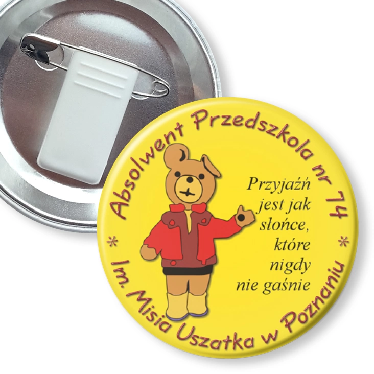 przypinka z żabką i agrafką Absolwent przedszkola nr 74