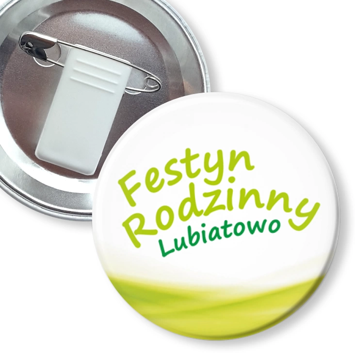 przypinka z żabką i agrafką Festyn Rodzinny Lubiatowo