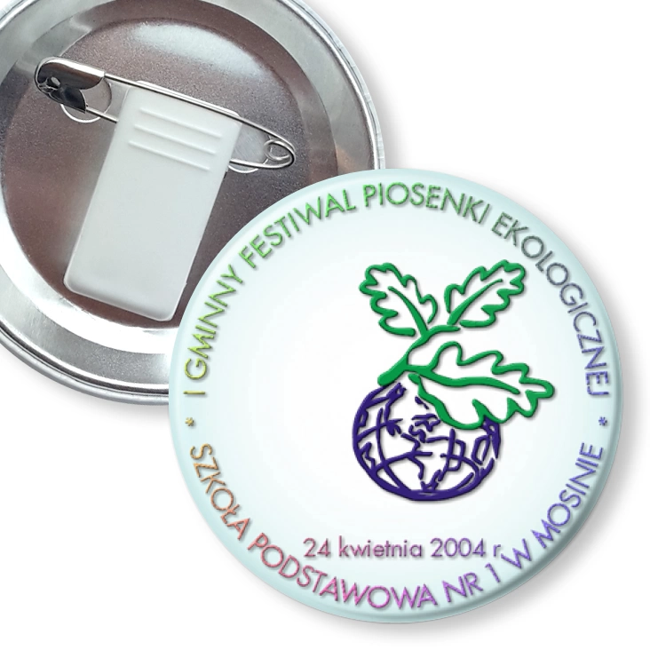 przypinka z żabką i agrafką I Gminny Festiwal Piosenki Ekologicznej