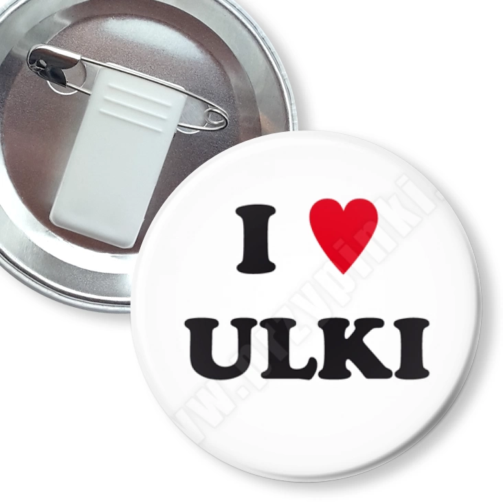 przypinka z żabką i agrafką I love Ulki