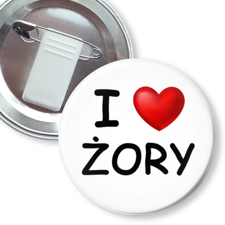 przypinka z żabką i agrafką I love Żory