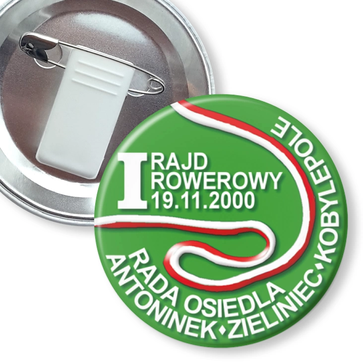 przypinka z żabką i agrafką I Rajd Rowerowy