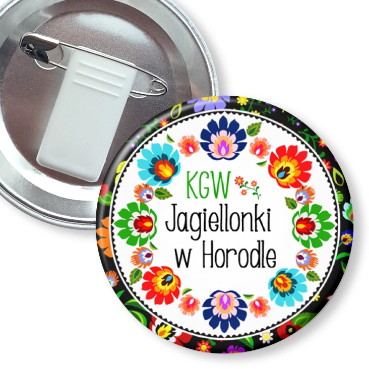 przypinka z żabką i agrafką KGW Jagiellonki w Horodle