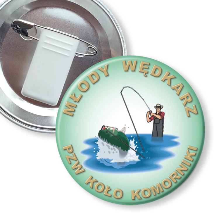przypinka z żabką i agrafką Młody Wędkarz