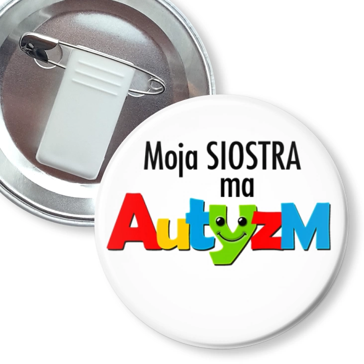 przypinka z żabką i agrafką Moja siostra ma Autyzm