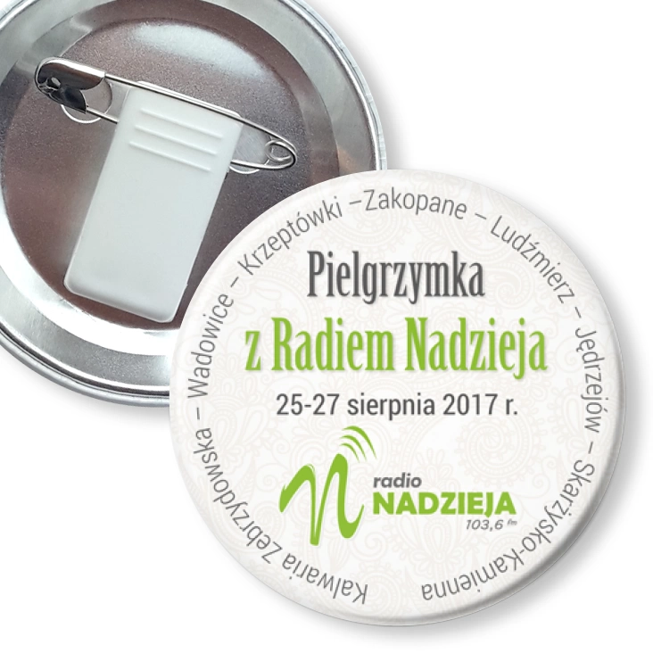 przypinka z żabką i agrafką Pielgrzymka z Radiem Nadzieja