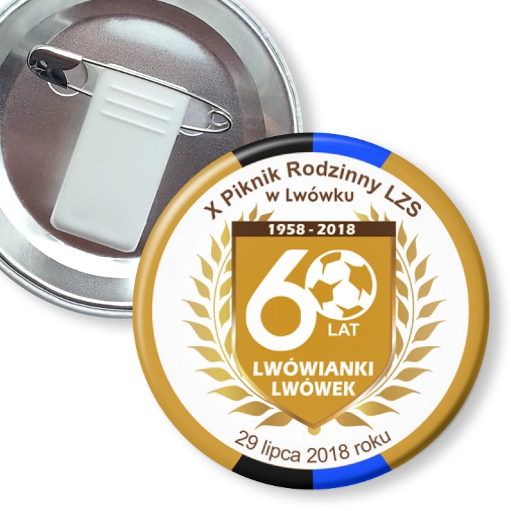 przypinka z żabką i agrafką Piknik Rodzinny LZS