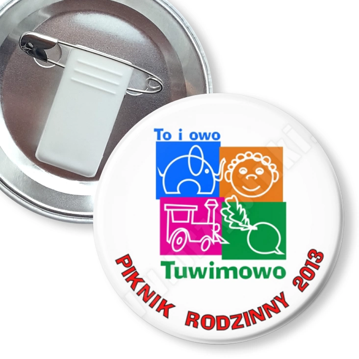 przypinka z żabką i agrafką Piknik Rodzinny 2013