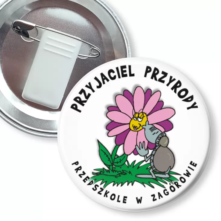 przypinka z żabką i agrafką Przedszkole w Zagórowie